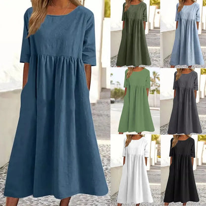 Women's Casual Linen Blend Loose Fit Midi Dress with Pockets