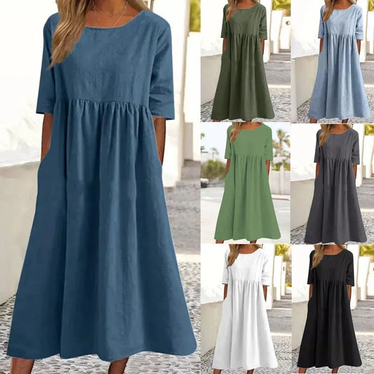 Women's Casual Linen Blend Loose Fit Midi Dress with Pockets