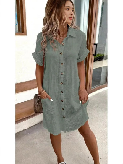 V-Neck Single-Breasted Mini Dress - Casual Loose Fit Short Sleeve Summer Dress