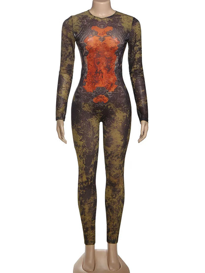 Women’s Tie-Dye Long Sleeve Zip Front Bodysuit Jumpsuit