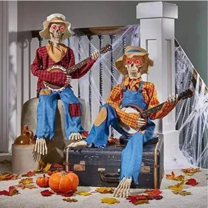 Animated Banjo Playing Skeleton Scarecrow Halloween Decor
