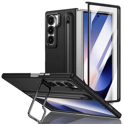 Samsung Galaxy Z Fold Metal Lens Stand Case with S Pen Holder & Tempered Glass Screen Protector