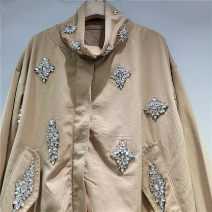 Khaki Diamond Streetwear Jacket for Women