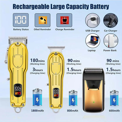 Professional Cordless Hair Clipper & Trimmer Set – USB Rechargeable Grooming Kit with LCD Display