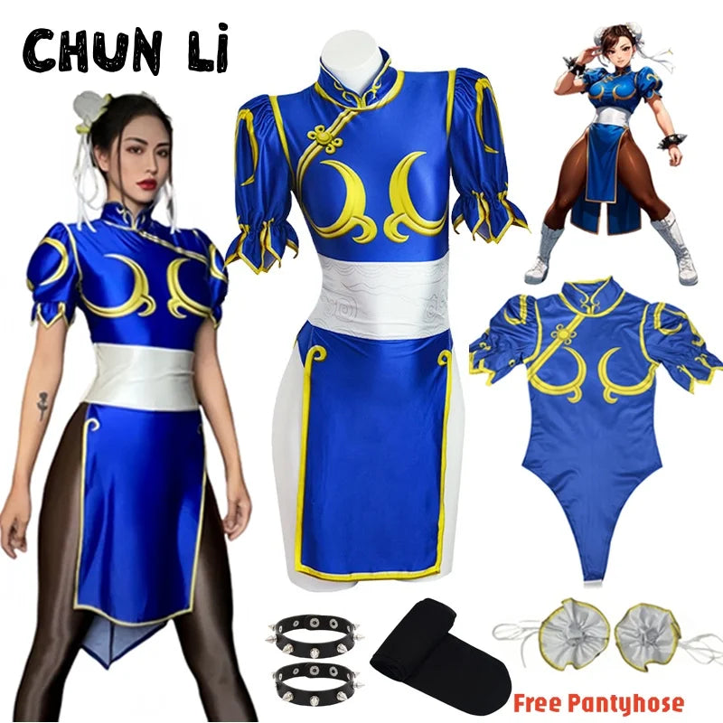 Women's Street Fighter Chun Li Cosplay Costume - Blue Cheongsam Dress with Headdress & Waistband Set