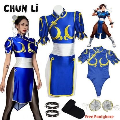 Women's Street Fighter Chun Li Cosplay Costume - Blue Cheongsam Dress with Headdress & Waistband Set