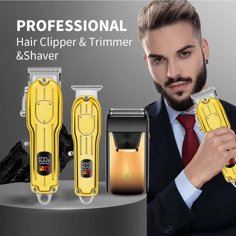 Professional Cordless Hair Clipper & Trimmer Set – USB Rechargeable Grooming Kit with LCD Display