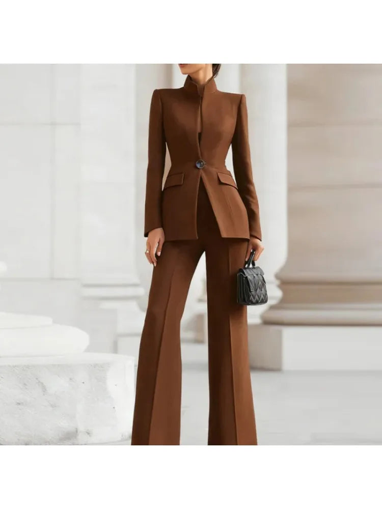 Women's 2-Piece V-Neck Single-Button Blazer & Wide-Leg Pants Suit Set
