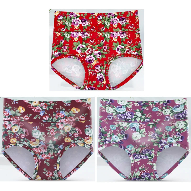 3-Pack Women's Floral Print High-Waisted Briefs - Plus Size Breathable Cotton Panties