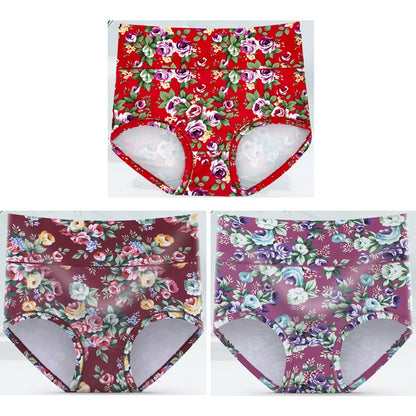 3-Pack Women's Floral Print High-Waisted Briefs - Plus Size Breathable Cotton Panties