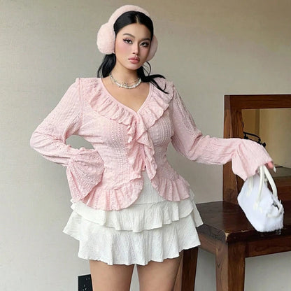 Plus Size Women's Elegant French Ruffle V-Neck Blouse, Pink Flared Sleeve Tops