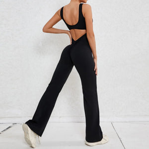 Seamless Backless Scrunch Fitness Flared Leg Jumpsuit
