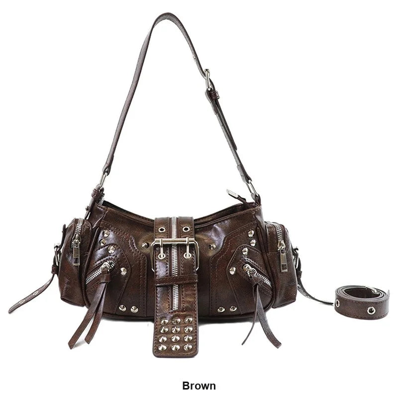 Women’s Vintage Punk Studded Shoulder Bag – Y2K Leather Underarm Crossbody Purse