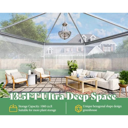 13.5x13.5x9FT Hexagonal Walk-in Greenhouse Heavy-Duty with Windbreak Ropes Waterproof PE Cover Ground Stakes