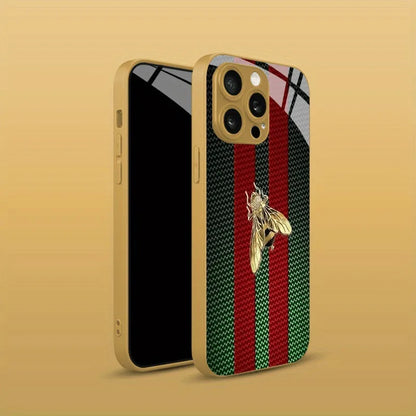 Luxury Metallic Stripe & Golden Bee Tempered Glass iPhone Case