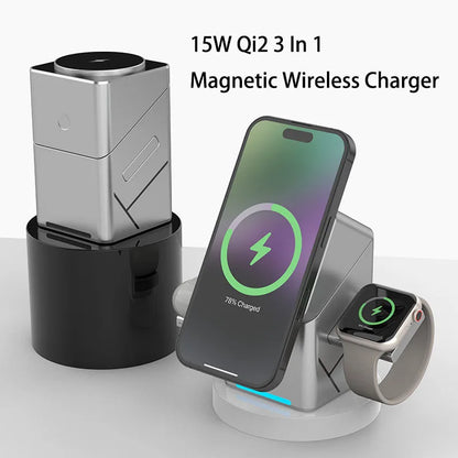 15W 3-in-1 Magnetic Wireless Charging Station with Touch Rotation for iPhone & Samsung