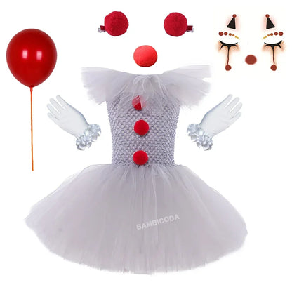 Girls' Pennywise Halloween Costume Dress Set - Creepy Clown Tutu Outfit for Kids