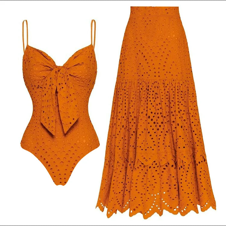 Women's Floral Cutout One-Piece Swimsuit & Skirt Set
