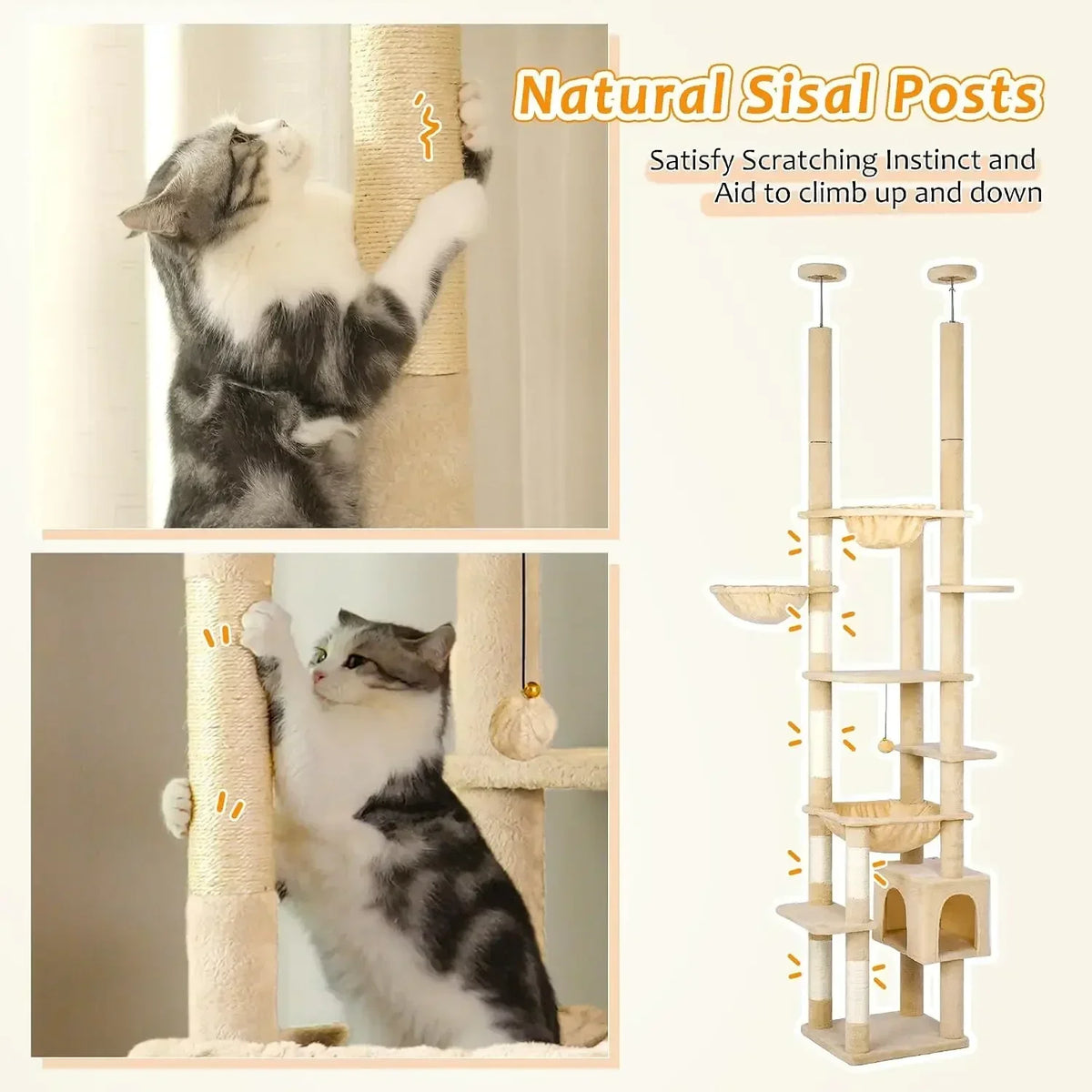 Floor-to-Ceiling Adjustable Cat Tree Tower with Sisal Scratching Posts & Condo