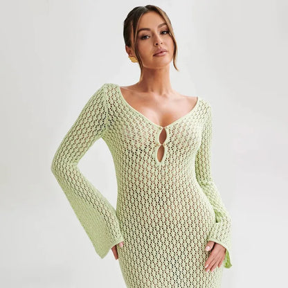 Women's Deep V-Neck Backless Knit Beach Cover-Up Dress