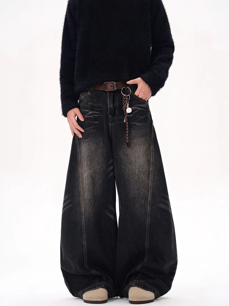 Washed Baggy Curved Blade Jeans