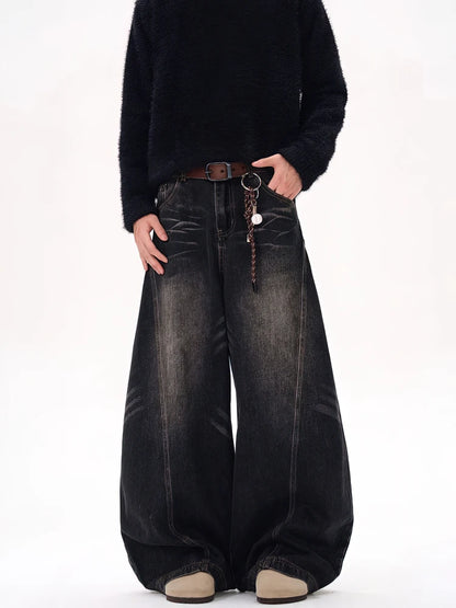 Washed Baggy Curved Blade Jeans