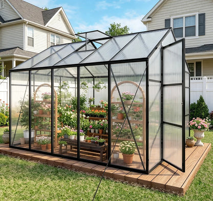 SUSUA 8x10FT Polycarbonate Raised Base and Anchor Aluminum Heavy Duty Greenhouse