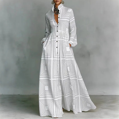 Women's Retro Print High-Waist Boho Shirt Dress