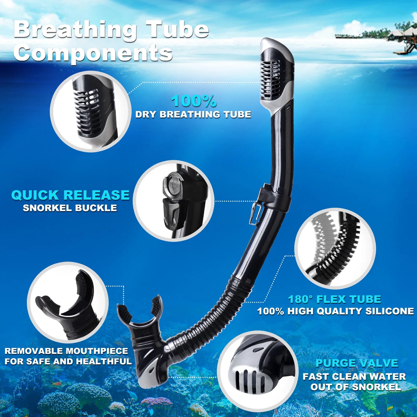 Adult Panoramic 3-Window Tempered Glass Diving & Snorkel Mask Set