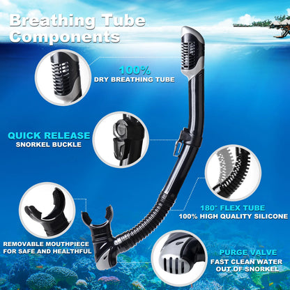 Adult Panoramic 3-Window Tempered Glass Diving & Snorkel Mask Set