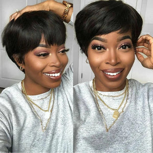 Short Human Hair Pixie Cut Straight Wig With Bangs