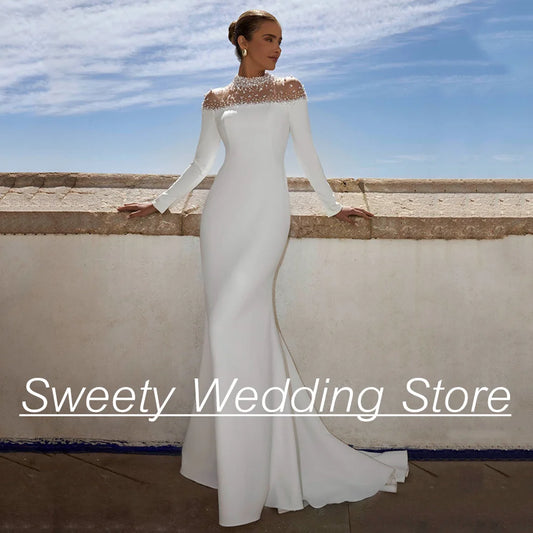 High-Neck Pearl Beaded Mermaid Wedding Dress with Long Sleeves & Sweep Train
