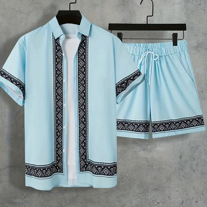 Men's Tropical Hawaiian Printed Short Sleeve Shirt & Shorts 2-Piece Suit Set