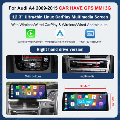 Road Top 8.9" / 12.3" Touchscreen Multimedia Display for Audi A4 S4 (2009–2015) with Wireless CarPlay & Android Auto