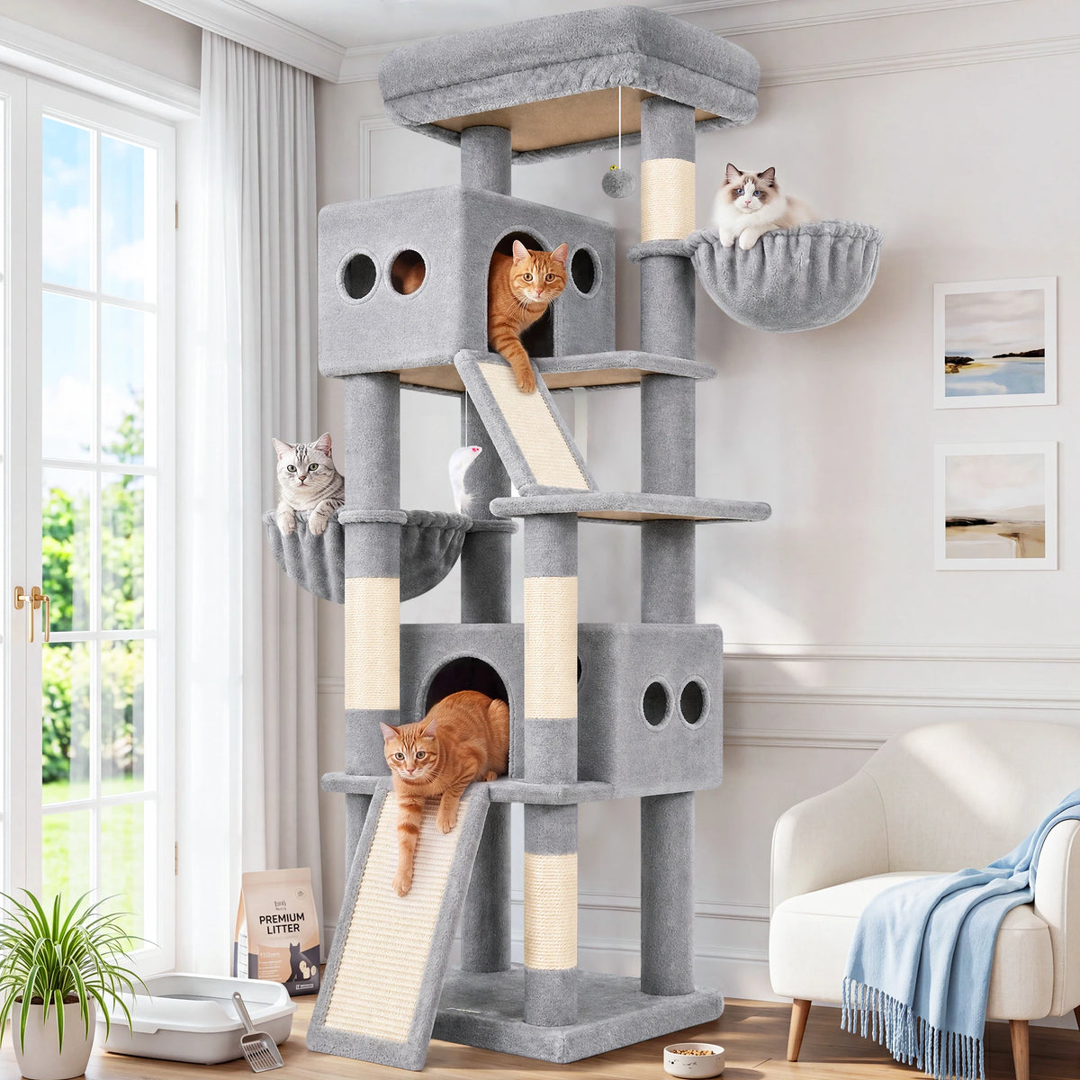 Globlazer 70" Multi-Level Cat Tree Tower with Sisal Scratching Posts, Condos & Hammocks