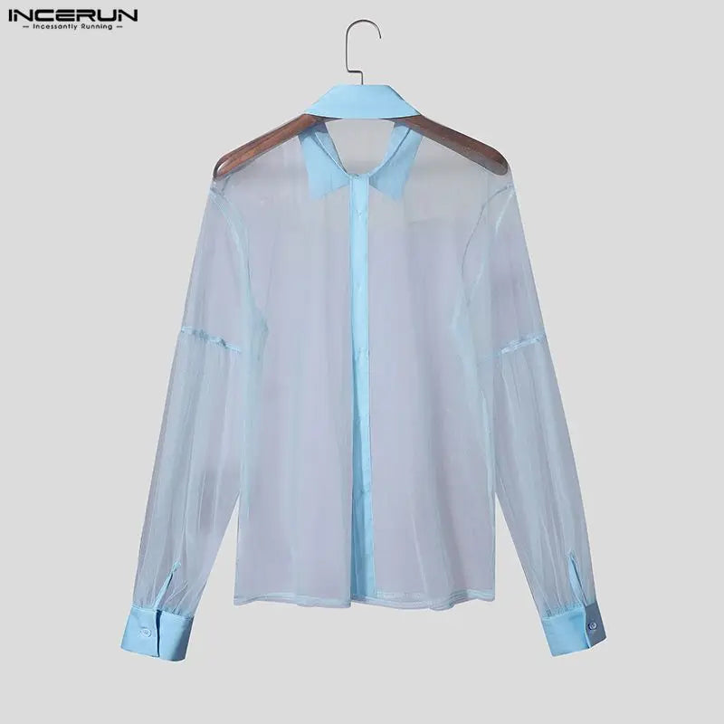 INCERUN Men’s Mesh Patchwork Long Sleeve Button-Down Shirt – Summer Streetwear See-Through Top