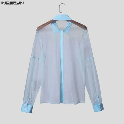 INCERUN Men’s Mesh Patchwork Long Sleeve Button-Down Shirt – Summer Streetwear See-Through Top