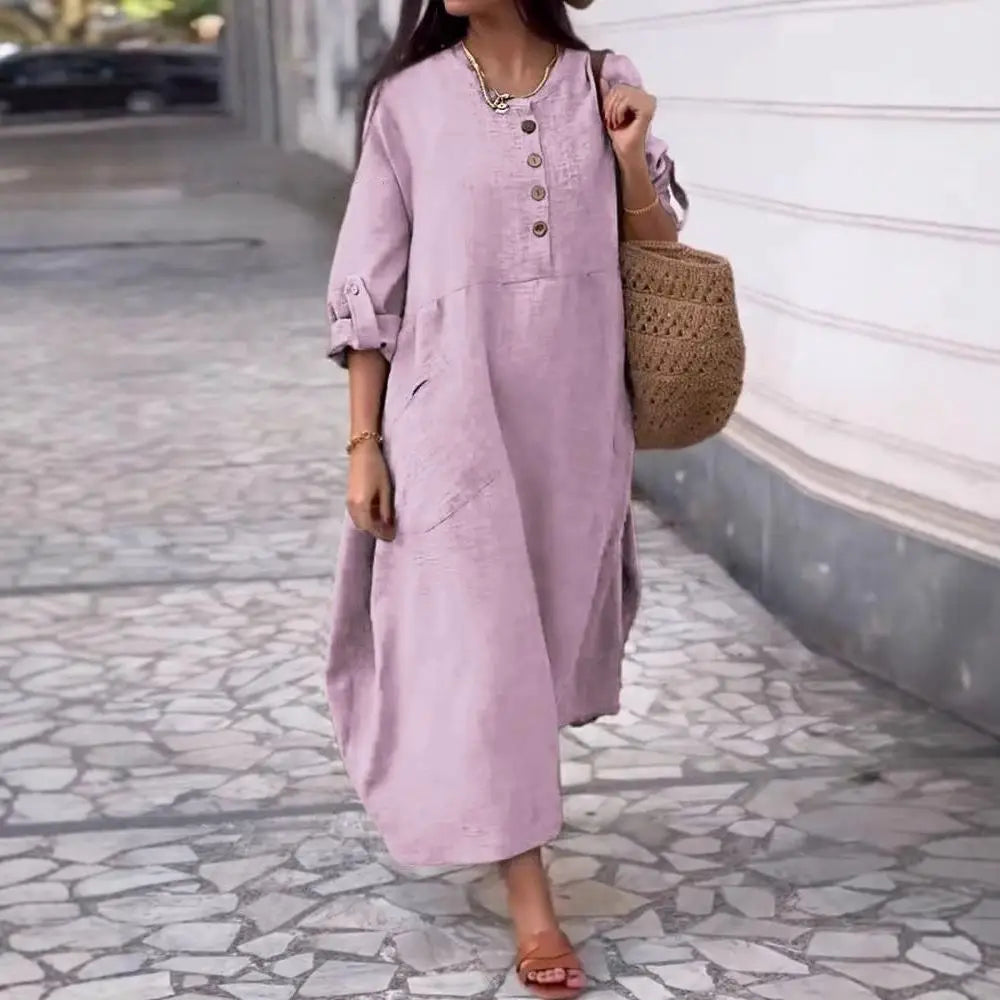Women's Loose Cotton Linen Long Sleeve Maxi Dress with Pockets