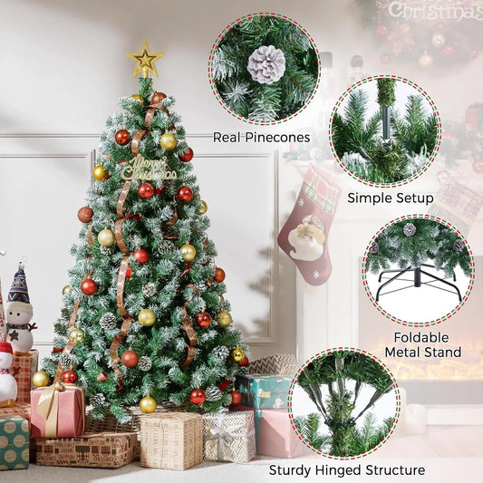 Pre-Lit Snow-Flocked Artificial Christmas Tree – Slim Holiday Tree with Pine Cones (4.5FT - 7.5FT)