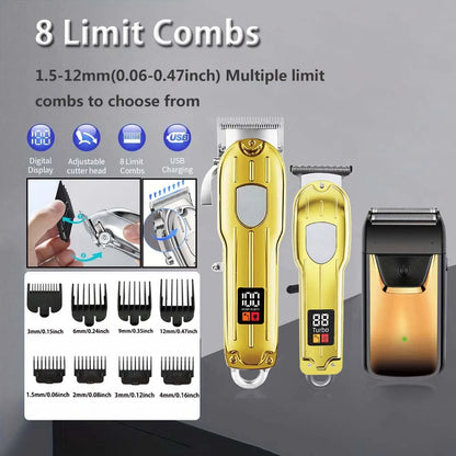 Professional 3-in-1 Hair Clipper & Trimmer Set – Cordless Grooming Kit with LCD Display