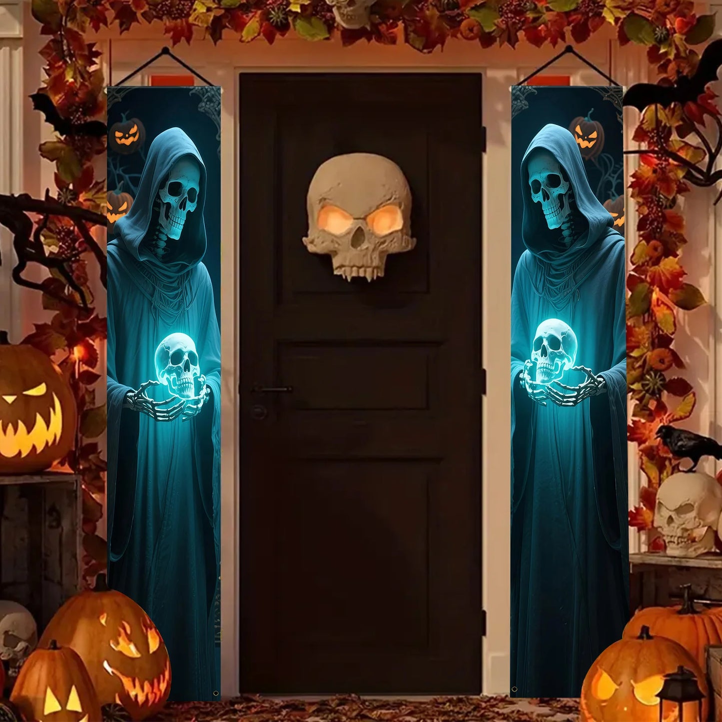 Halloween Skull Porch Banners - Outdoor Hanging Door Decor (2-Pack)