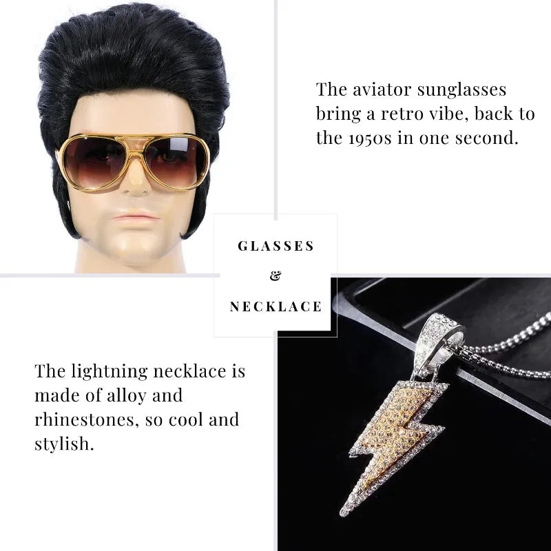 4pcs 50s Rocker Costume Set with Wig, Sunglasses & Lightning Necklace
