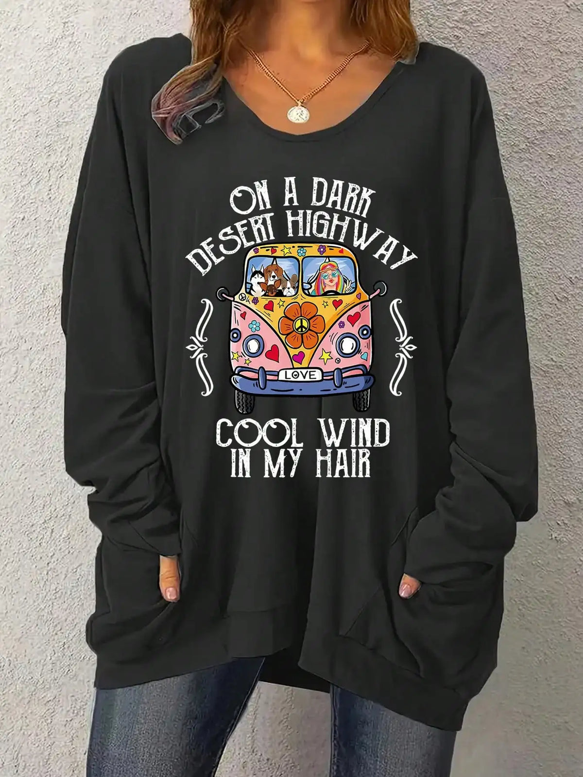 Women's Plus Size Graphic Pullover - "On a Dark Desert Highway" Long Sleeve T-Shirt