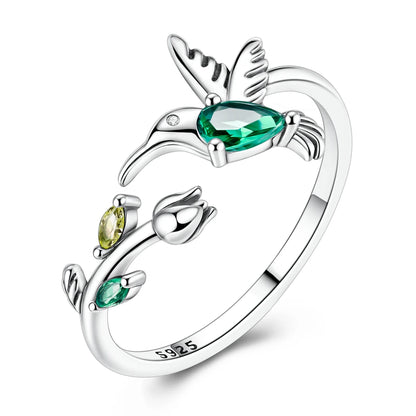 MULA 925 Sterling Silver Tulip Hummingbird Adjustable Ring