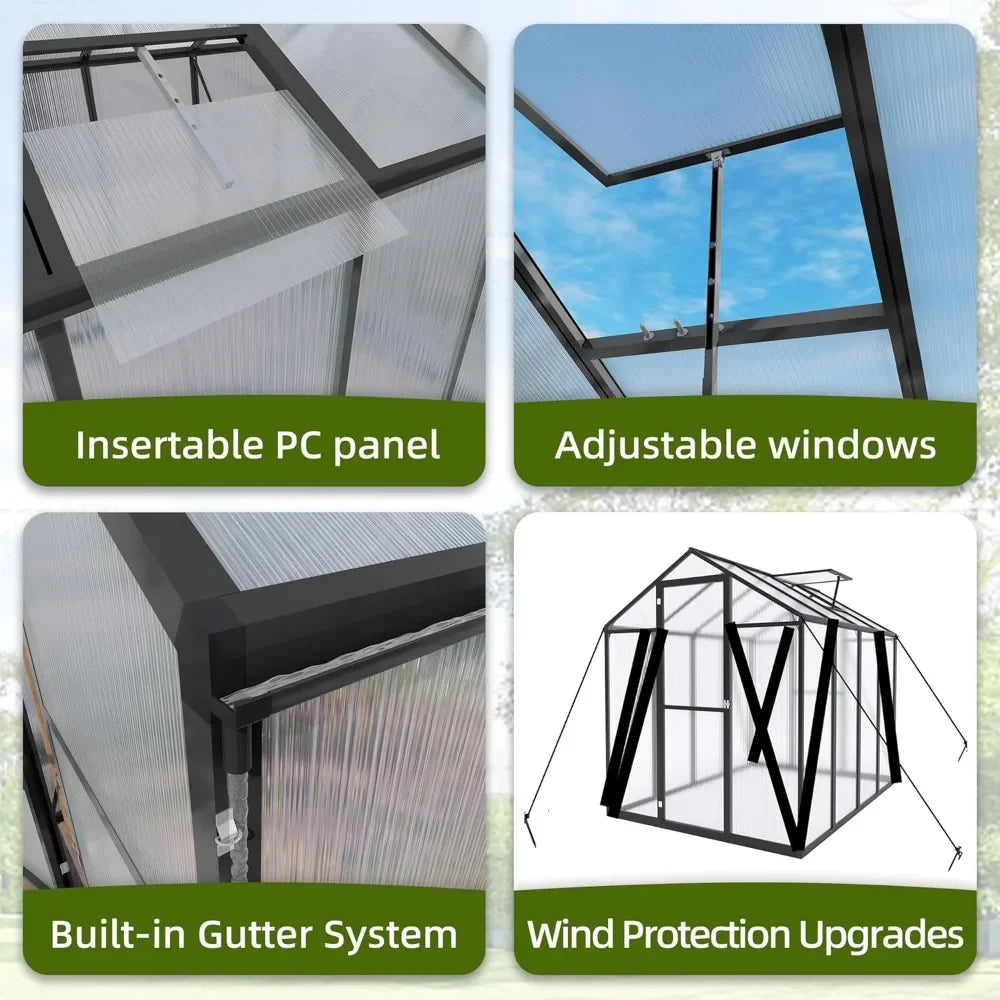 6*8.2FT Polycarbonate Greenhouse 7.2FT High, Enhanced Wind Protection & Stable Roof
