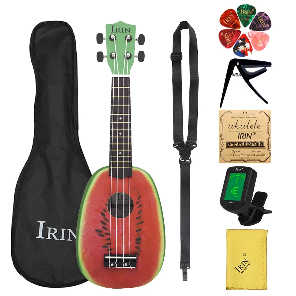 IRIN 21-Inch Hawaiian Fruit Print Soprano Ukulele Starter Kit – 4-String Basswood Mini Guitar with Accessories