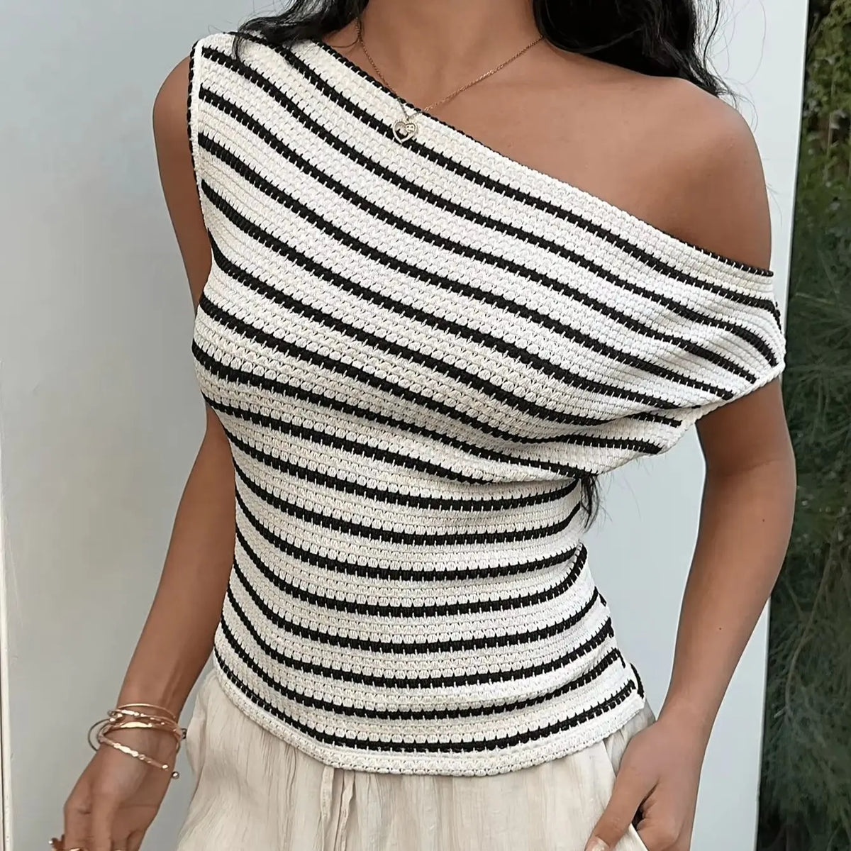 Women's Asymmetrical One-Shoulder Striped Knit Tee Top