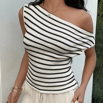 Women's Asymmetrical One-Shoulder Striped Knit Tee Top