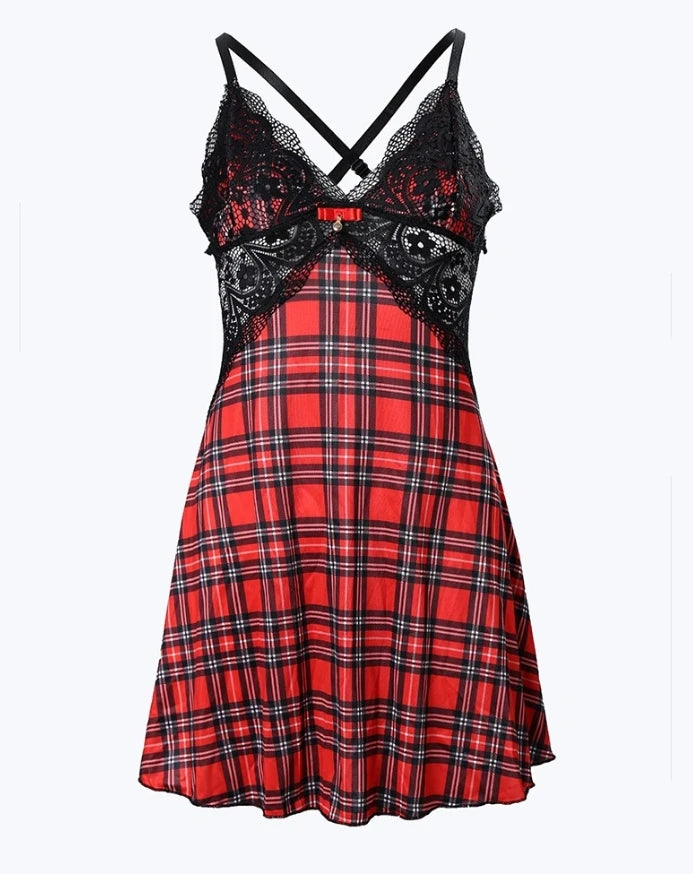 Women’s Plaid Print Crisscross Backless Sleep Dress – Contrast Lace Camisole Nightgown