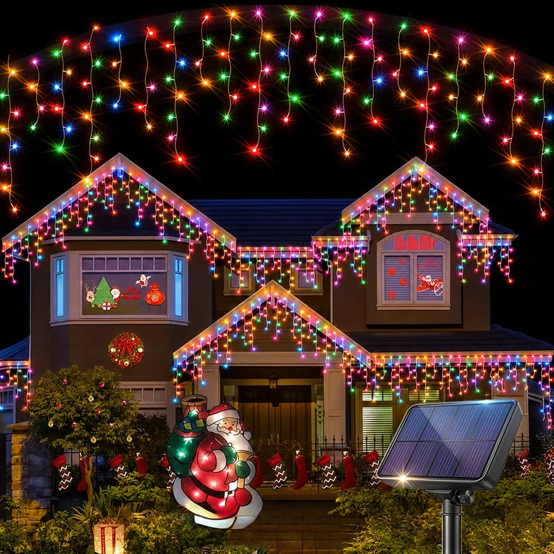 Solar Powered Icicle Lights Outdoor Christmas Decoration LED Garland - IP54 Waterproof 8 Modes Fairy Light